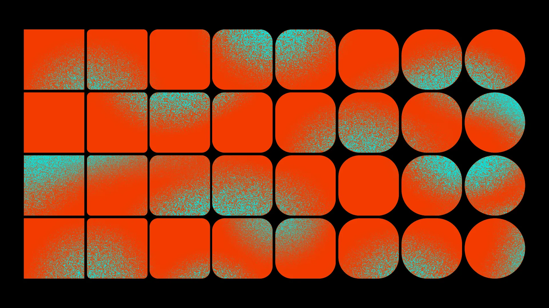 Grid of rounded squares and circles with an orange and teal grainy gradient.