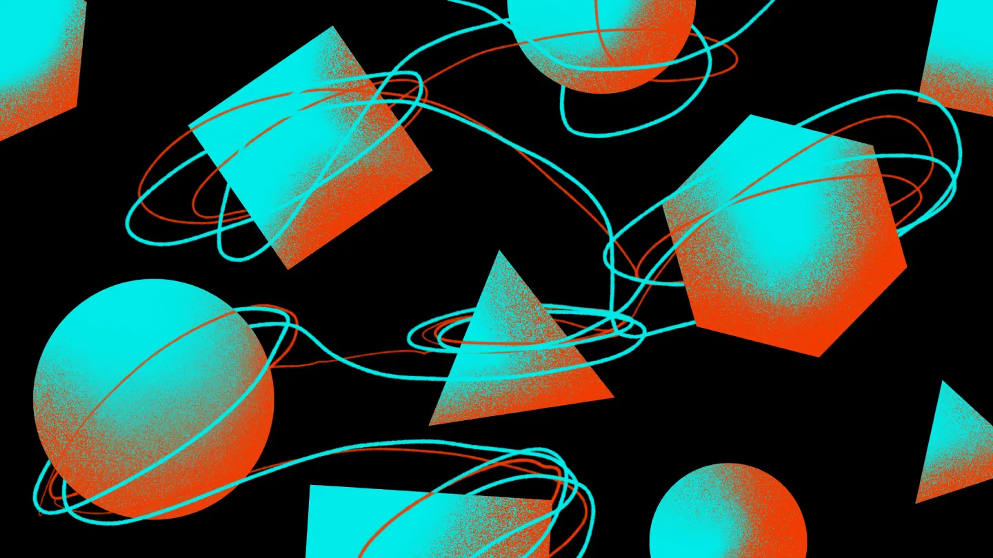Abstract teal and orange geometric shapes, spheres, cubes and triangles, linked by looping lines.