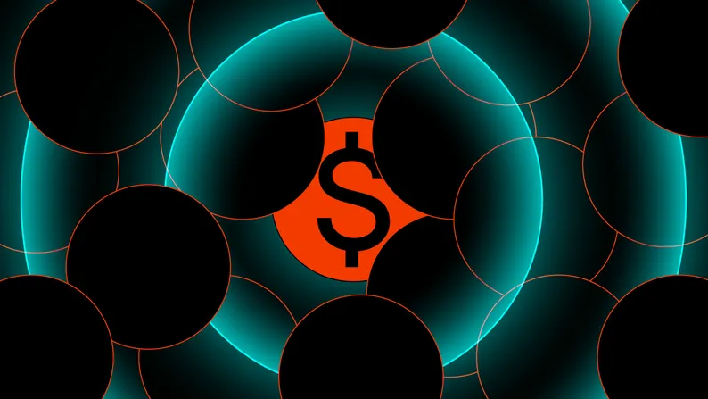 Concentric teal circles with black gaps and an orange circle holding a black dollar sign at the centre.