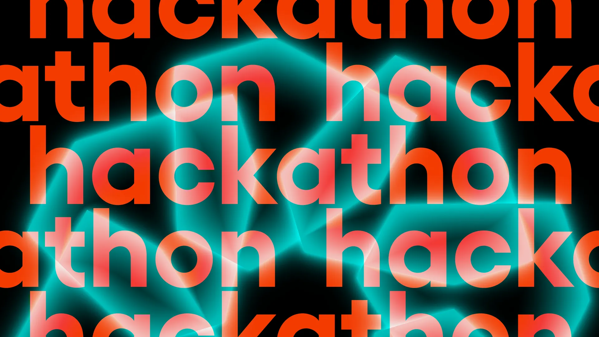 Wielokrotnie powtórzony napis "hackathon" w pomarańczowym kroju na czarnym tle z turkusową, świecącą siatką połączeń.
