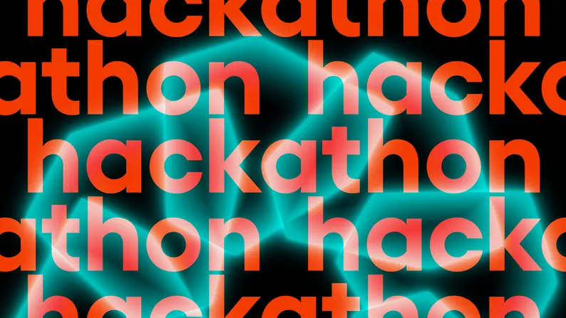 Wielokrotnie powtórzony napis "hackathon" w pomarańczowym kroju na czarnym tle z turkusową, świecącą siatką połączeń.