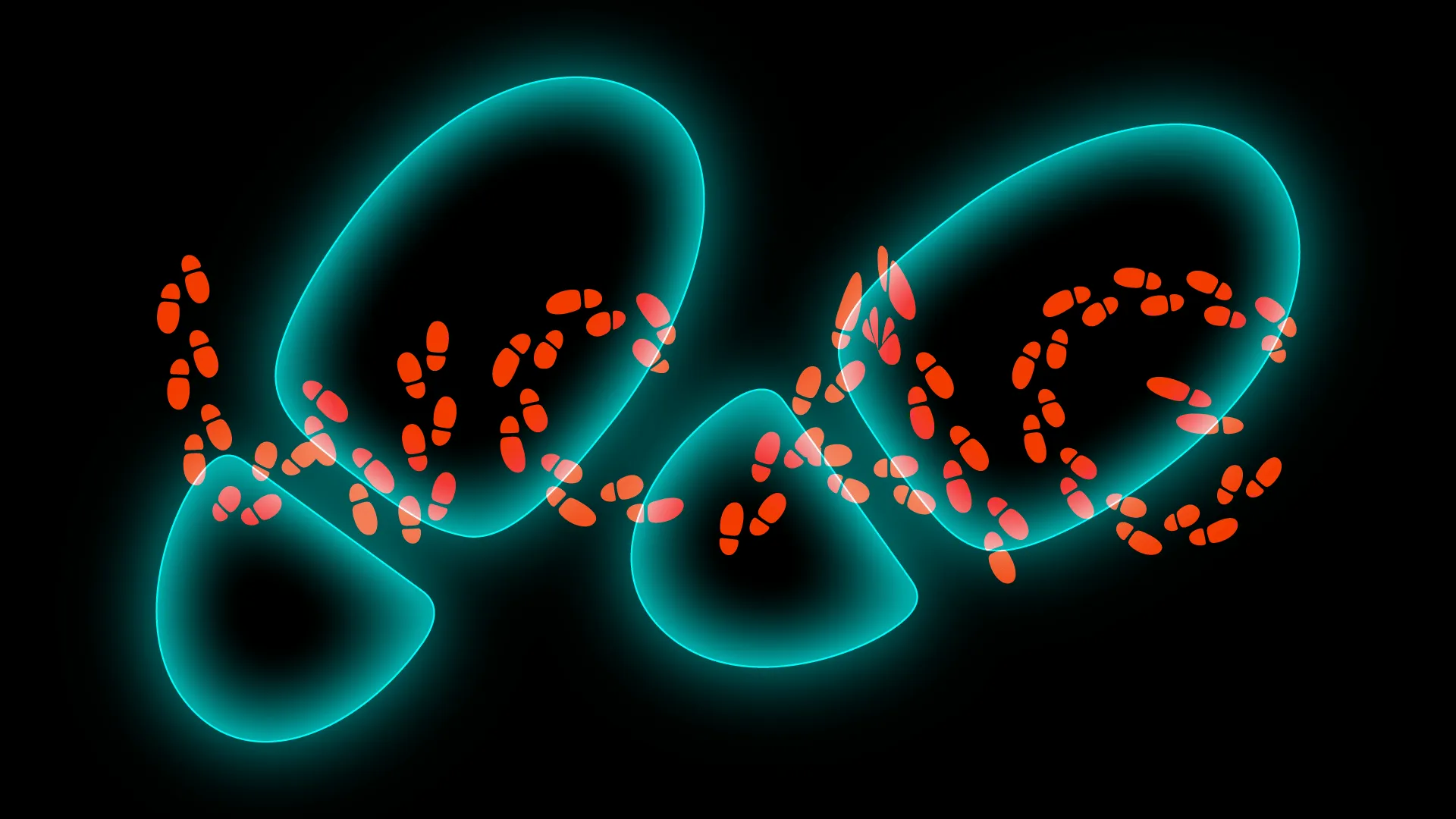 Abstract graphic of glowing teal shoe outlines with a trail of orange footprints on a black background.