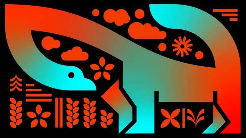 Illustration of a dinosaur silhouette in a red-to-teal gradient, filled with icons of clouds, sun, flowers, and wheat.
