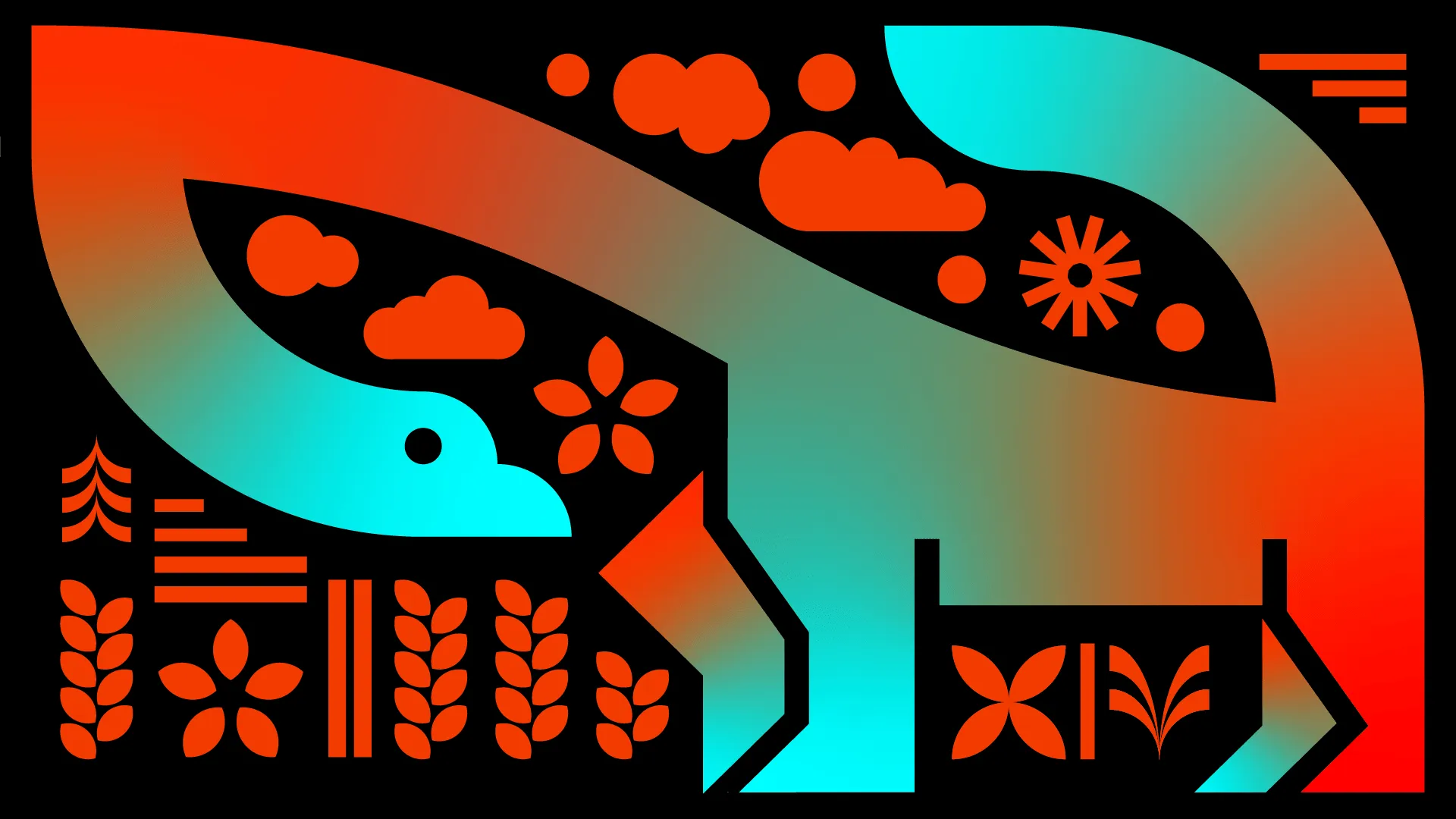 Illustration of a dinosaur silhouette in a red-to-teal gradient, filled with icons of clouds, sun, flowers, and wheat.