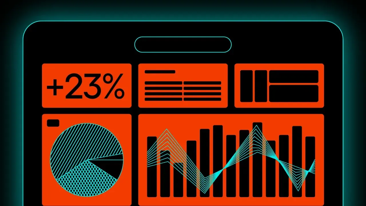 Illustration of a banking app dashboard with a +23% metric tile, a pie chart, and a bar chart, in orange and teal tones.