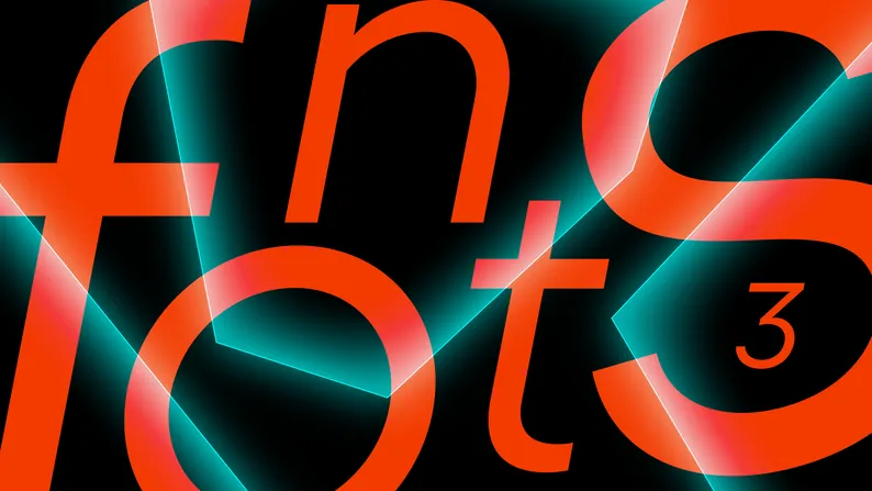 Large overlapping orange letters spelling "fonts" with the number 3, lit by teal glowing beams on black.