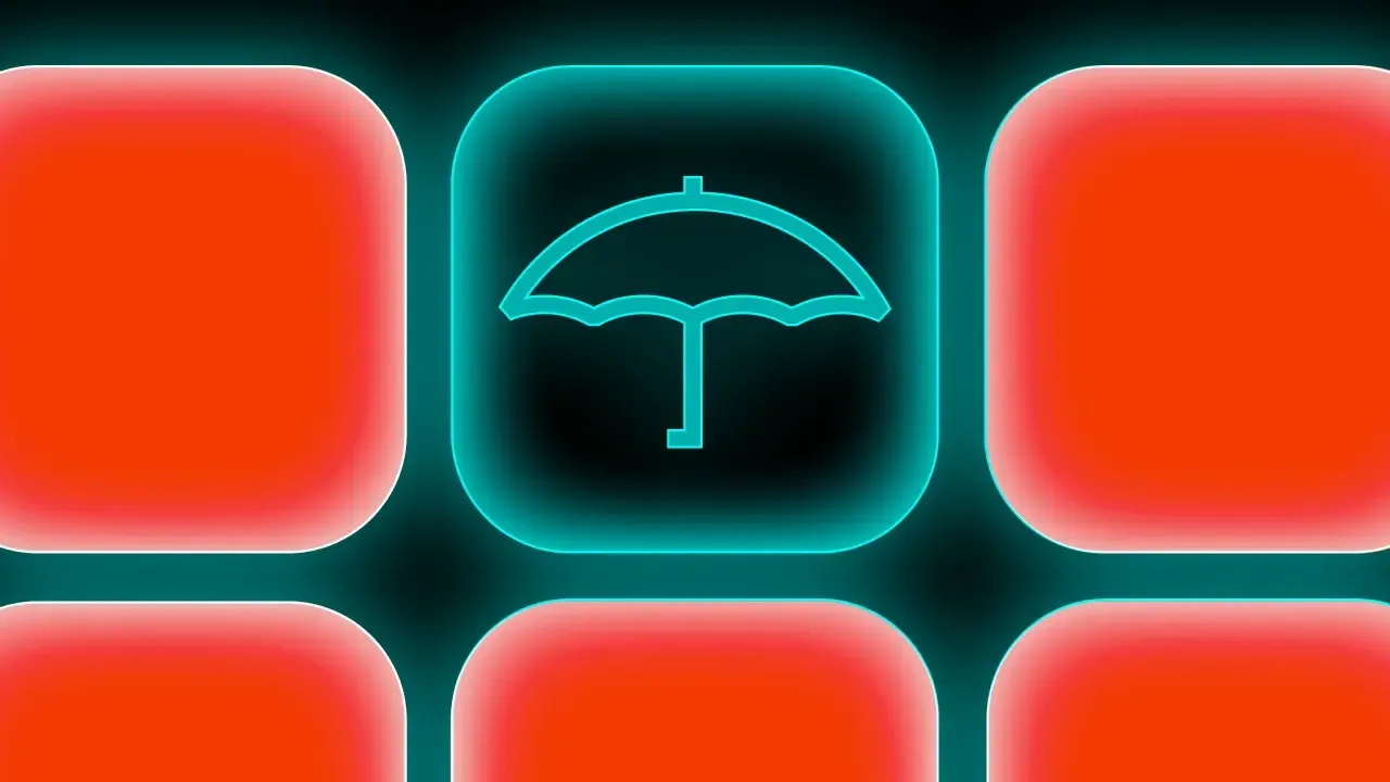 A grid of rounded tiles includes one highlighted square with an outline icon of an umbrella.