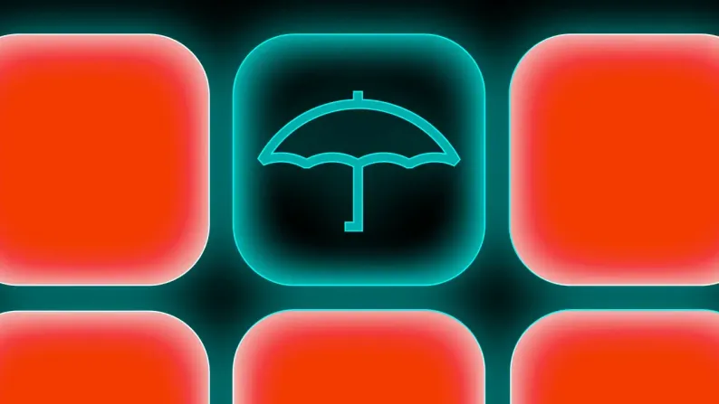 A grid of rounded tiles includes one highlighted square with an outline icon of an umbrella.