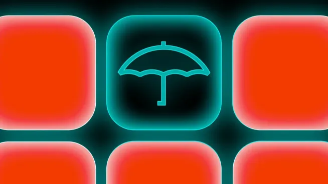 A grid of rounded tiles includes one highlighted square with an outline icon of an umbrella.