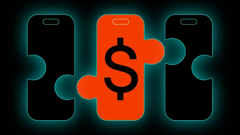 Trzy ikony telefonów w kształcie puzzli połączone ze sobą, środkowa w pomarańczu ze znakiem dolara, symbolizujące embedded finance.