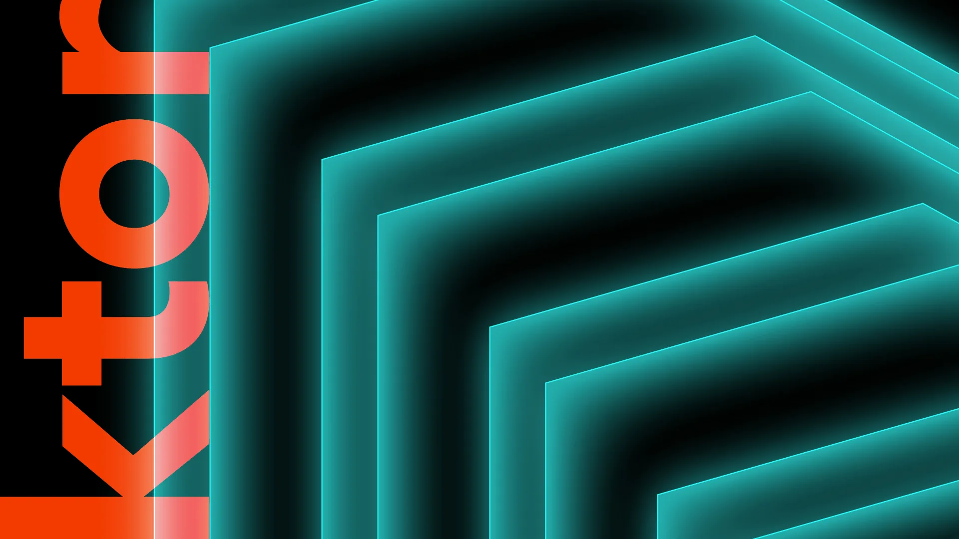The word 'ktor', partly cropped, over layered teal chevron shapes glowing on black.