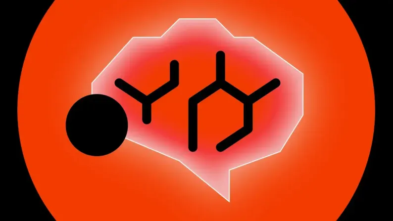 White-outlined brain shape combined with a speech bubble, filled with a black molecule-like diagram, on an orange circle.