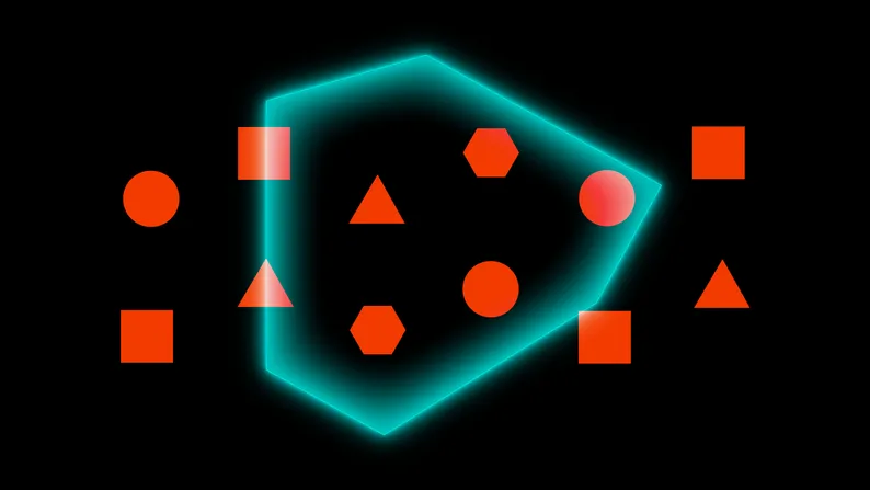 Orange squares, circles, triangles and hexagons around a glowing teal hexagon outline.