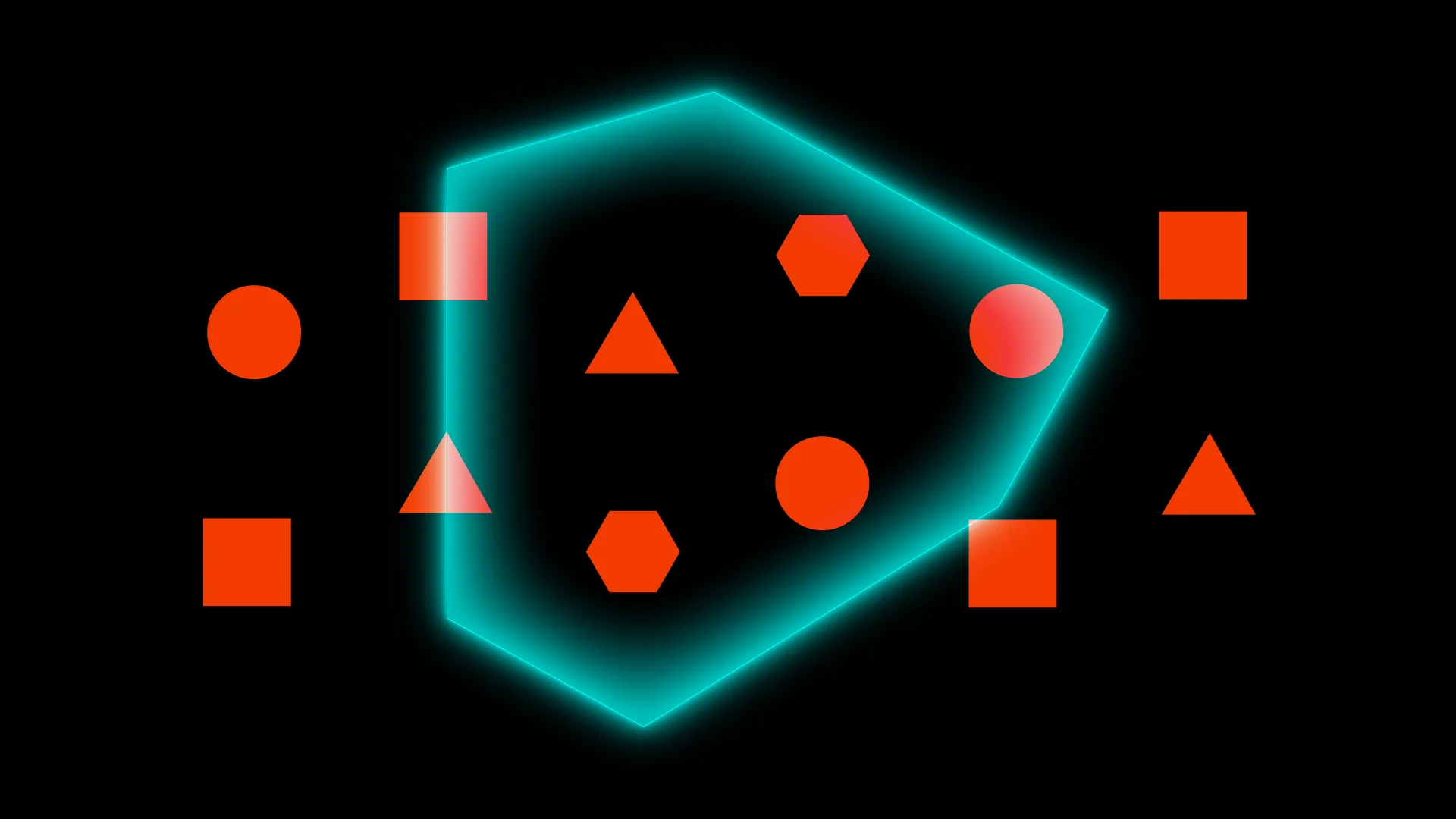 Orange squares, circles, triangles and hexagons around a glowing teal hexagon outline.