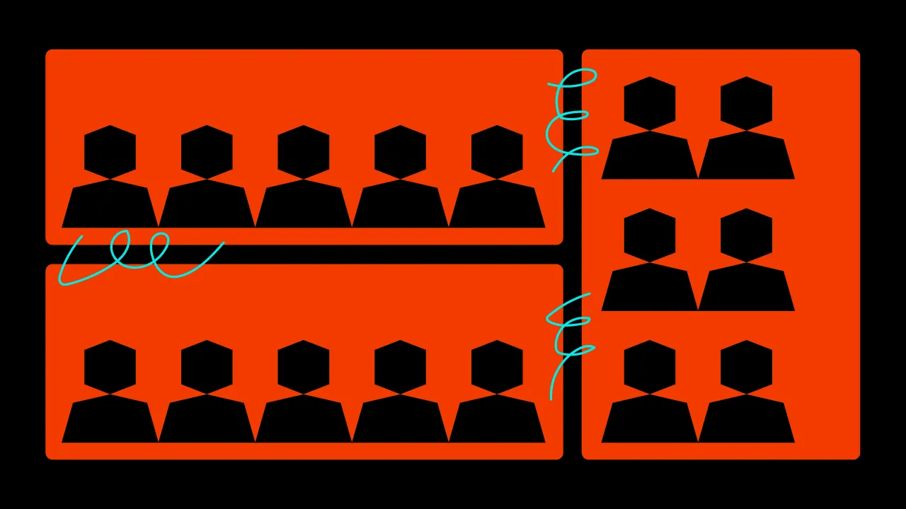 Two teams of silhouetted figures in orange blocks connected by teal squiggly lines, representing collaboration across patchwork software projects.