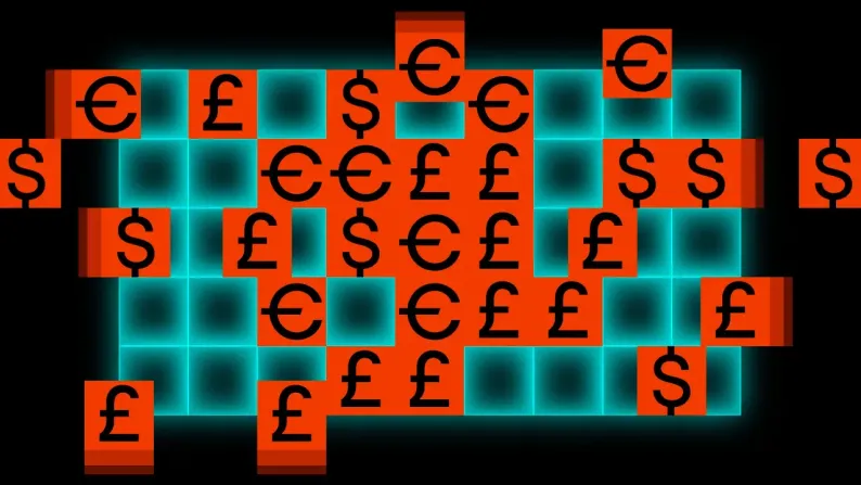 Currency symbols (euro, pound and dollar) on glowing orange tiles arranged in a puzzle-like grid.