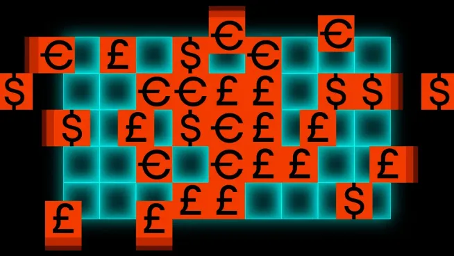 Currency symbols (euro, pound and dollar) on glowing orange tiles arranged in a puzzle-like grid.