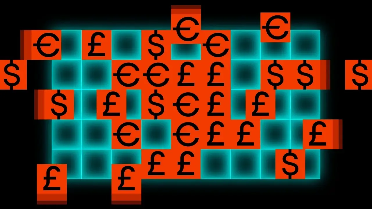 Currency symbols (euro, pound and dollar) on glowing orange tiles arranged in a puzzle-like grid.