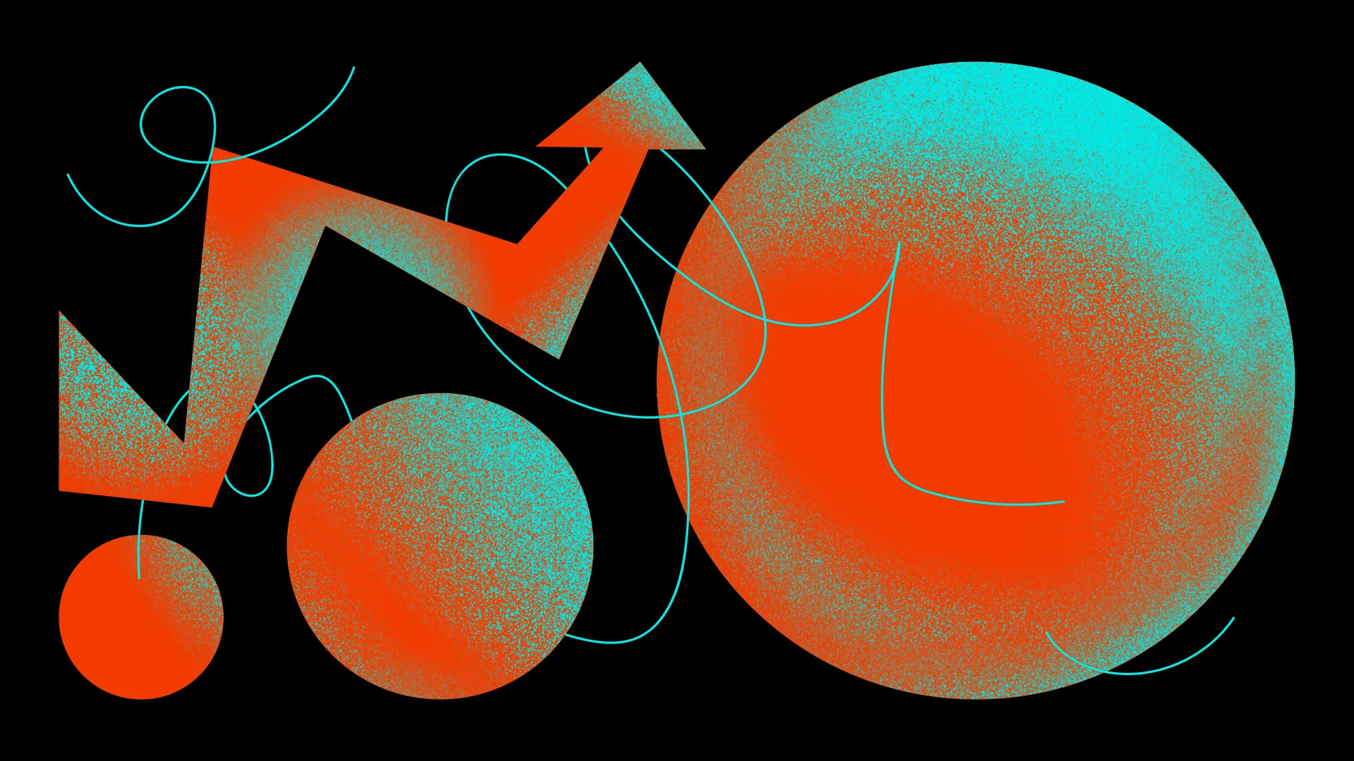 Abstract illustration of an upward-pointing arrow and circles of increasing size in orange and teal.