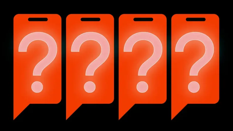 Illustration of four orange question mark icons in speech bubbles on a black background.
