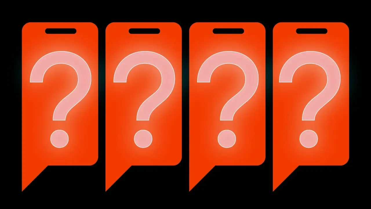 Illustration of four orange question mark icons in speech bubbles on a black background.