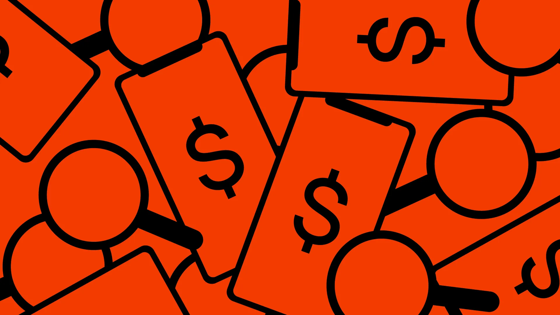Illustration of smartphone shapes with dollar signs and magnifying glasses repeated across an orange background.