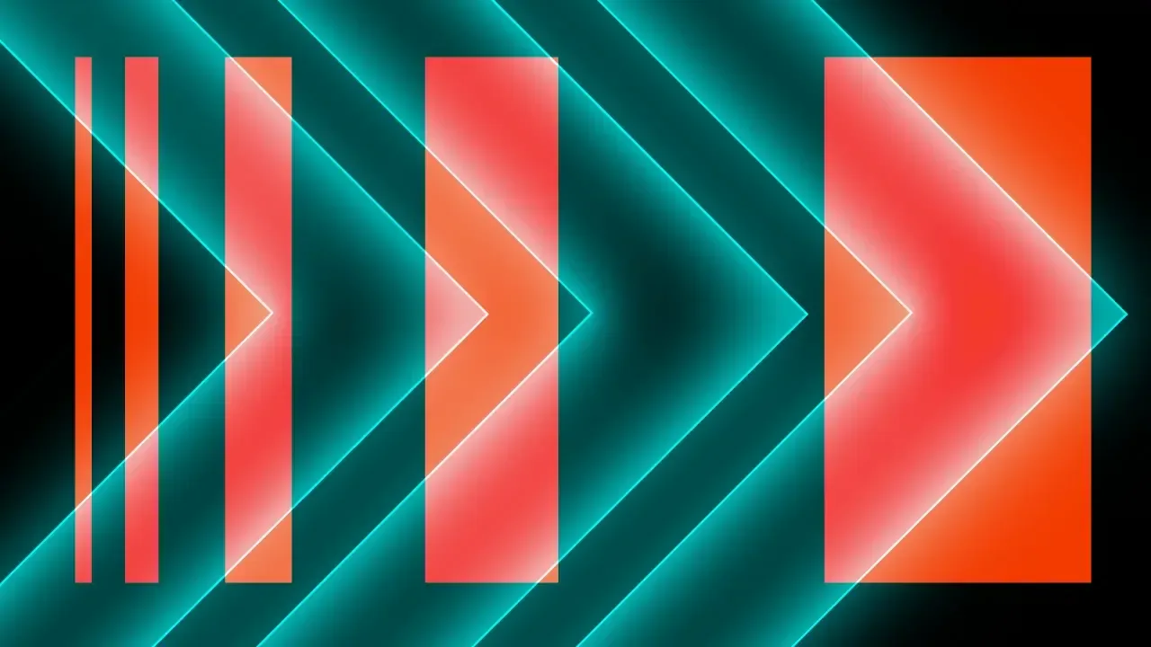Illustration of teal and orange forward-pointing chevrons of increasing size on a black background.