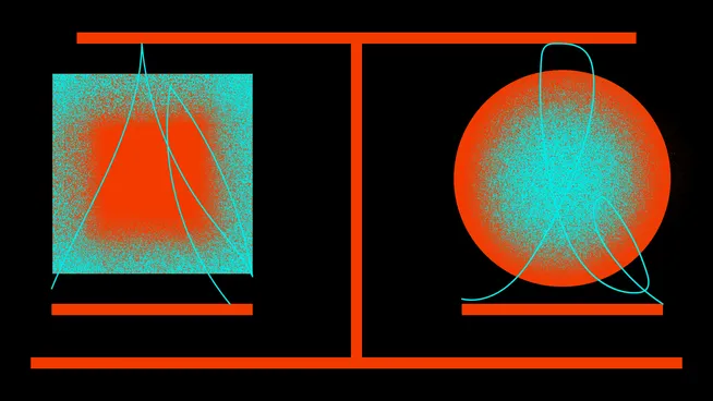 Illustration of a balance scale with a square and a circle, each containing a curved graph line, in orange and teal.