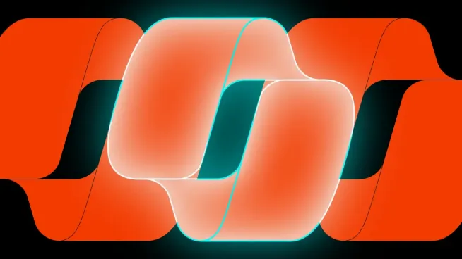 Two abstract interlocking rounded shapes in orange and glowing teal on a black background.