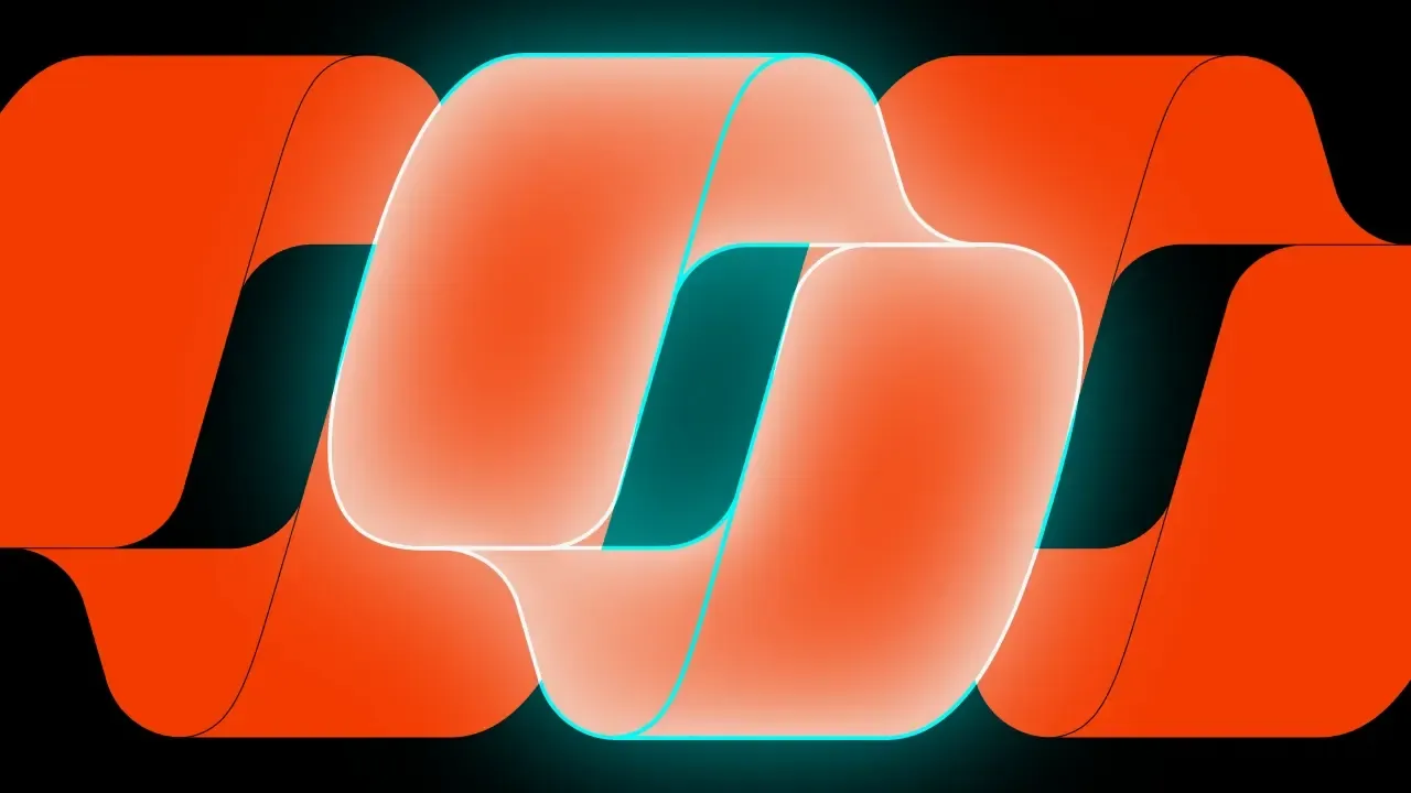 Two abstract interlocking rounded shapes in orange and glowing teal on a black background.