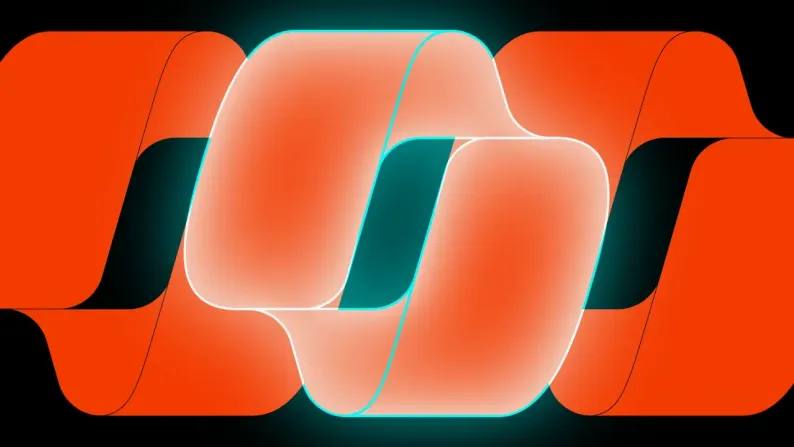 Two abstract interlocking rounded shapes in orange and glowing teal on a black background.
