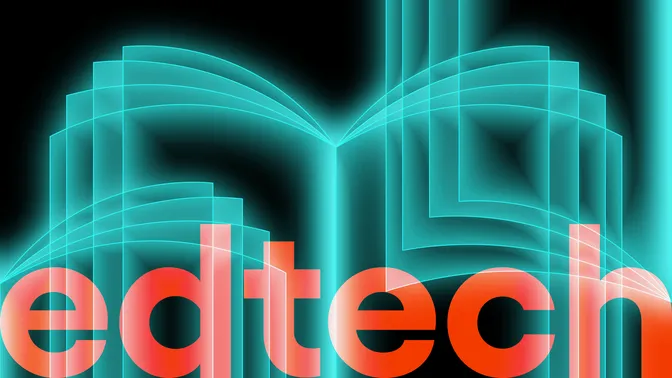 Illustration of a glowing open book with the word "edtech" in orange letters below it.