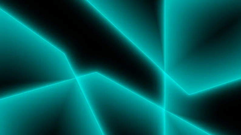 Abstrakcyjny wzór świecących turkusowych linii i kątów geometrycznych.