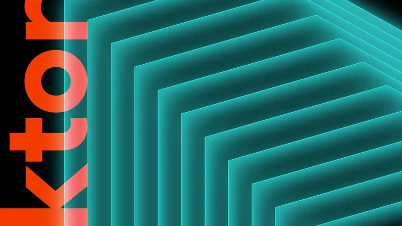 The word 'ktor', partly cropped, over a series of nested teal chevron outlines on black.