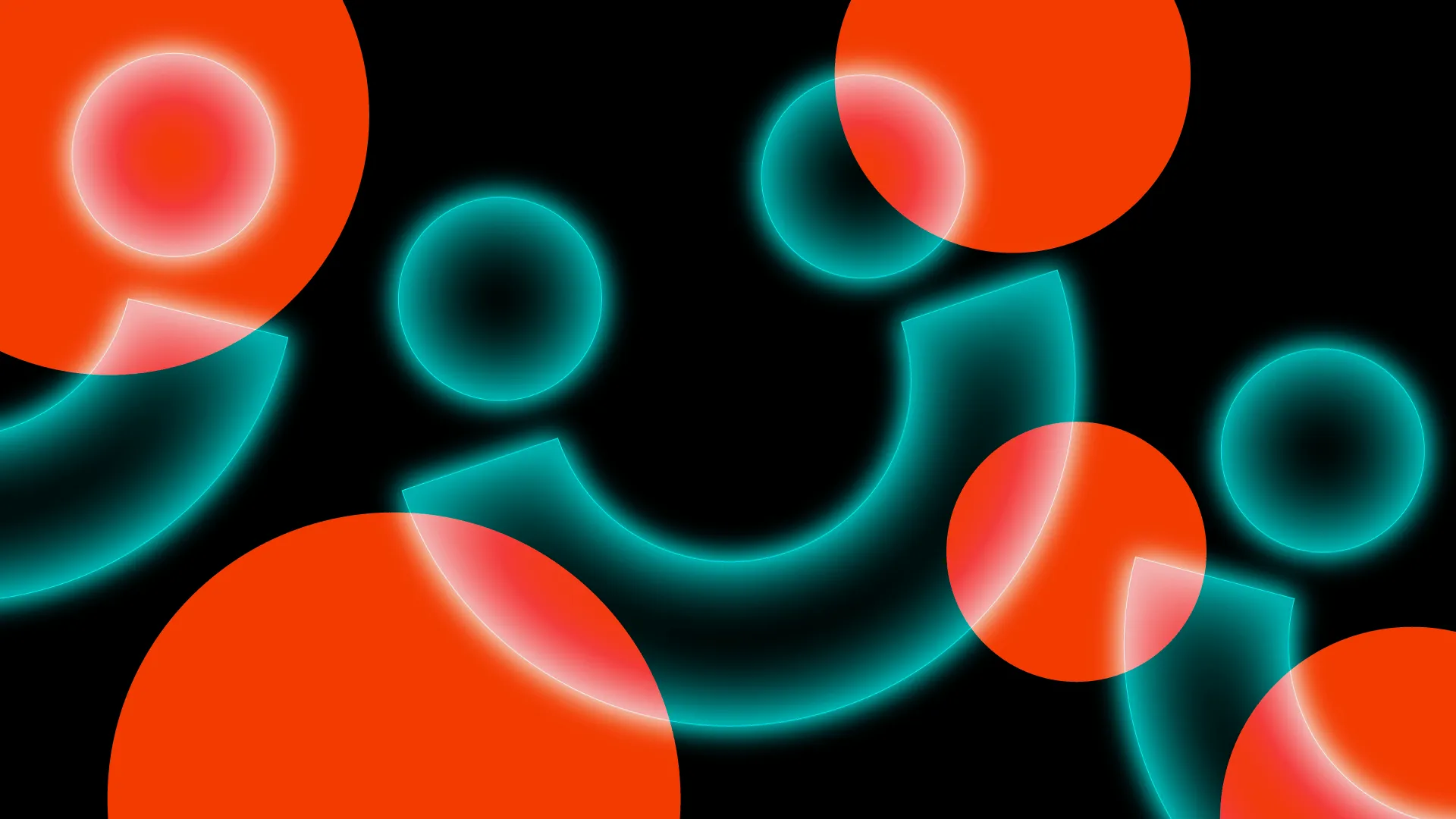 Abstract illustration of overlapping orange circles and a glowing teal ring on a black background.