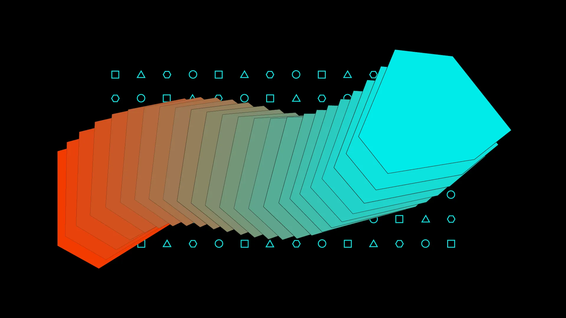A row of pentagons shifting in color from orange to teal, framed by small geometric icons.