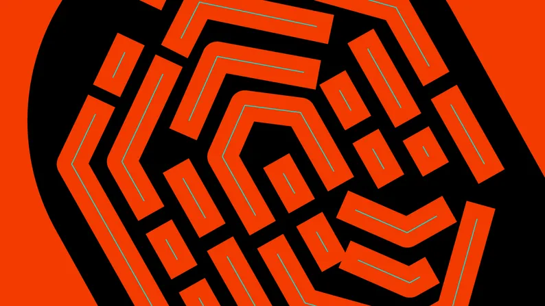 Abstrakcyjny geometryczny wzór w kształcie labiryntu, w pomarańczu i czerni, z cienkimi turkusowymi liniami.