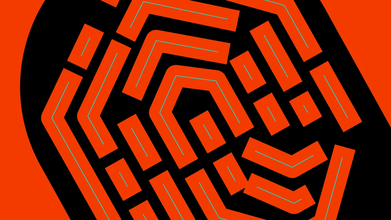 Abstract maze-like geometric pattern in orange and black with thin teal outlines.