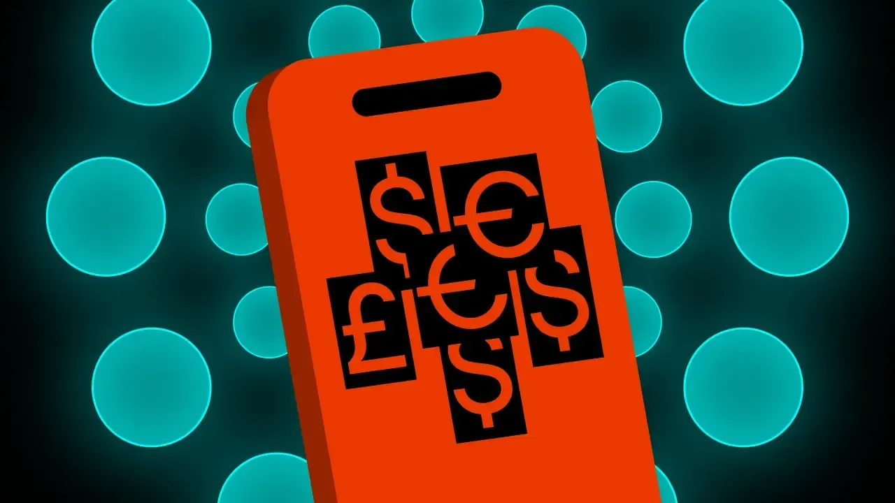 Orange payment-terminal shape with dollar, euro and pound signs arranged in a cross, on a teal dotted background.