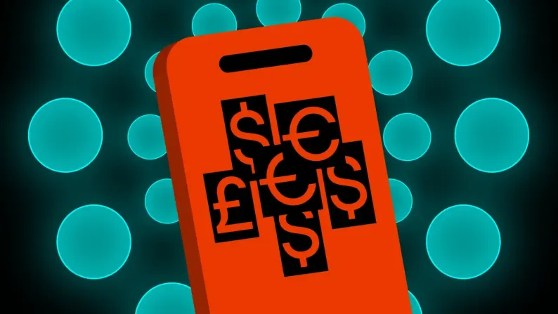 Orange payment-terminal shape with dollar, euro and pound signs arranged in a cross, on a teal dotted background.