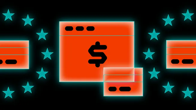Three overlapping browser windows, ringed by EU stars, show a dollar sign in the largest one.