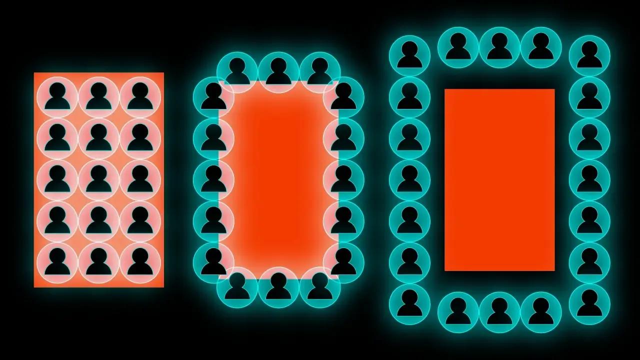 Three groupings of person icons: a dense grid and two looser rings, symbolising a comparison of in-house, nearshore and offshore models.