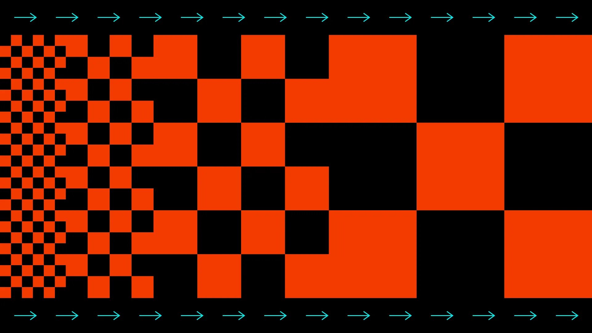 Checkerboard pattern of orange and black squares shrinking toward the left, framed by rows of cyan arrows.