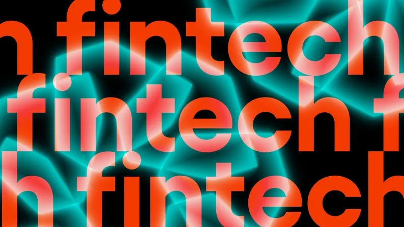 Powtórzone słowo "fintech" na tle świecących turkusowych kształtów geometrycznych.