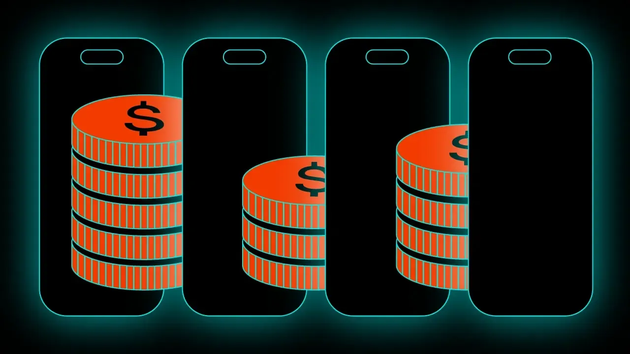 Smartphone outlines with stacks of dollar coins of varying heights represent differing mobile app costs.