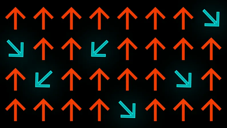 Grid of orange upward arrows, with a few teal arrows breaking the pattern by pointing diagonally down.