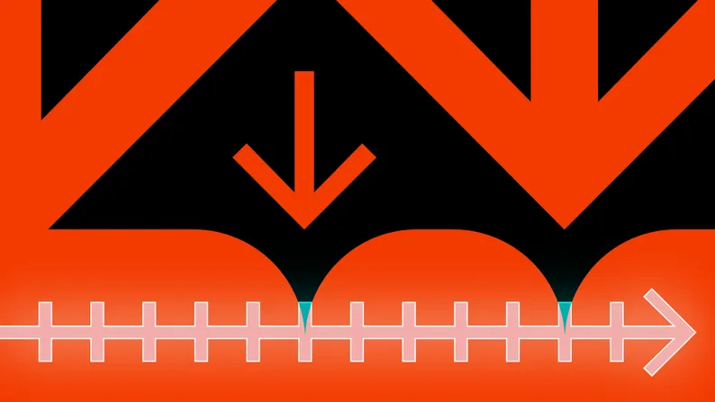 Abstract graphic of pointed arches interrupting a stitched line that ends in an arrow, on black.