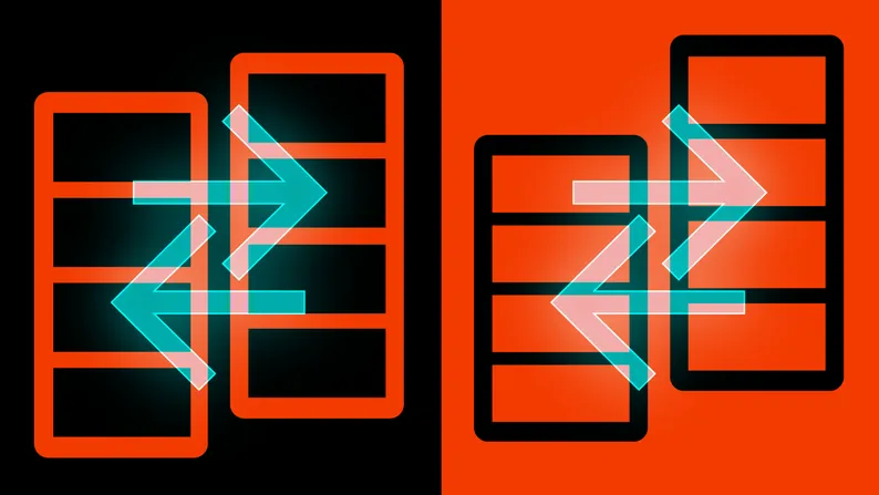 Abstract illustration of two column grids on black and orange backgrounds linked by exchanging arrows, symbolizing a framework comparison.