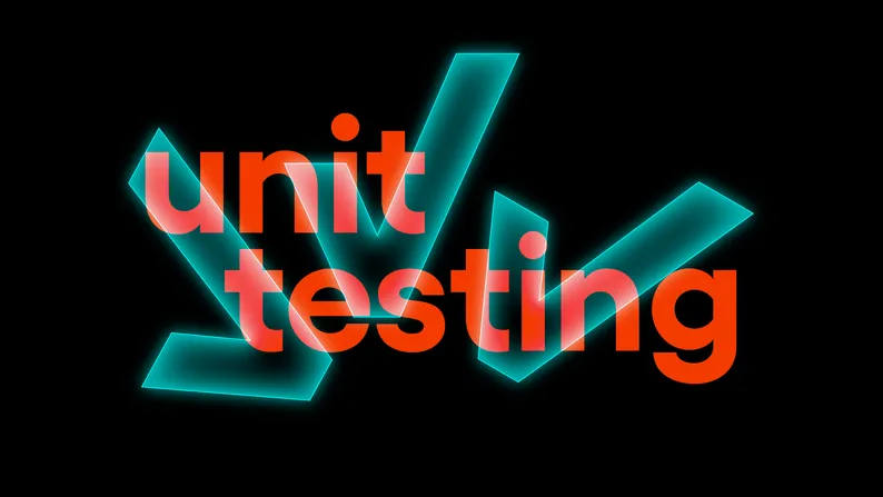 Cover with the text "unit testing" over a glowing turquoise checkmark.
