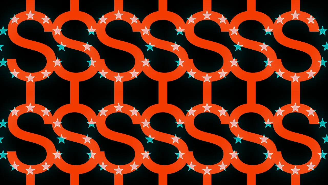 A repeating pattern of the letter S and stars in orange and teal on a black background.